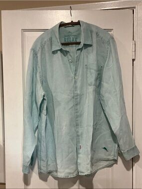 Tommy Bahama Linen Light Aqua Relax Button-Down Shirt L